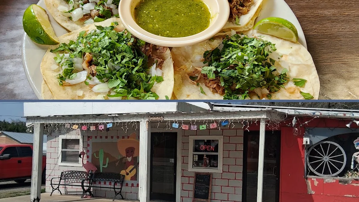 Tacos and queso served on bright dishes