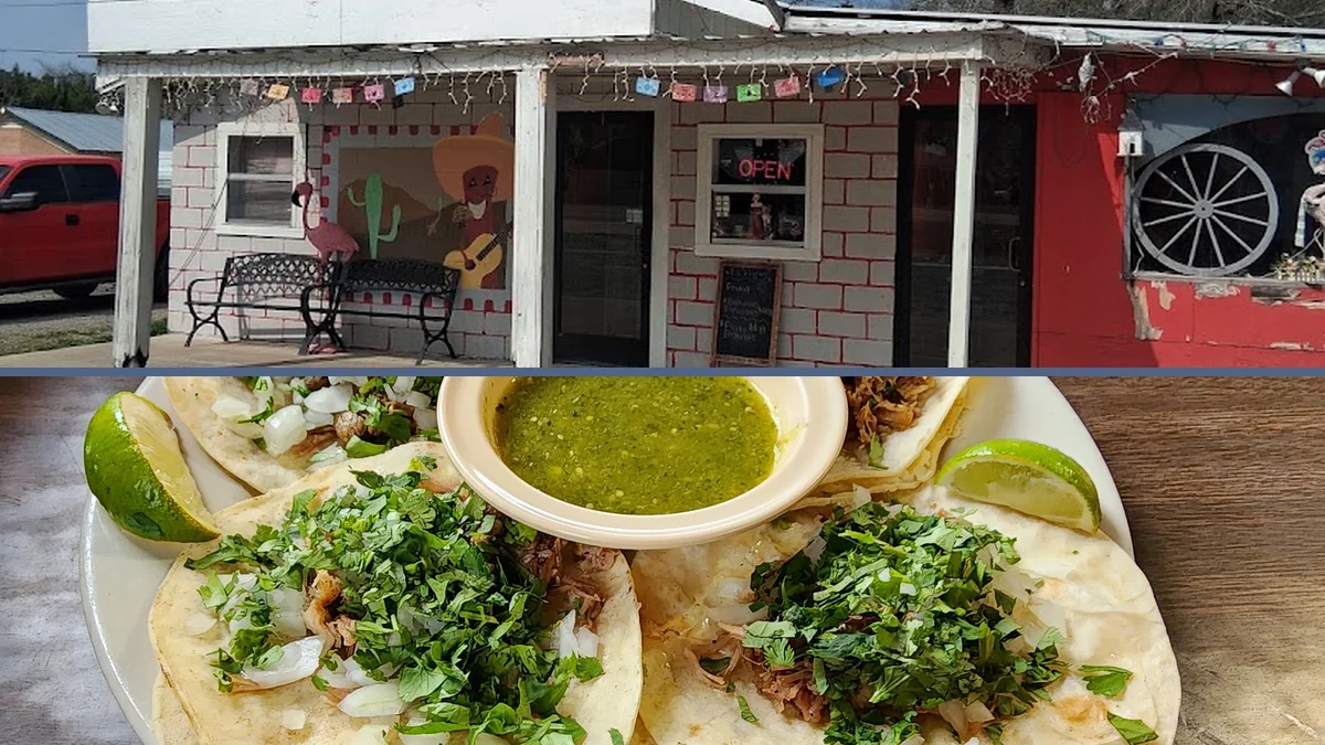 Tacos and queso served on bright dishes