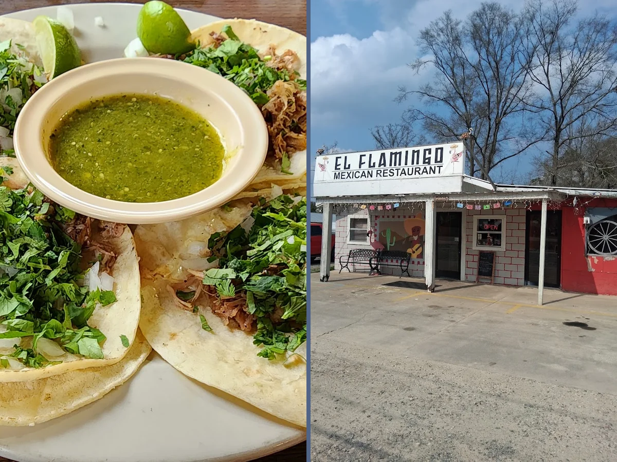 Tacos and queso served on bright dishes