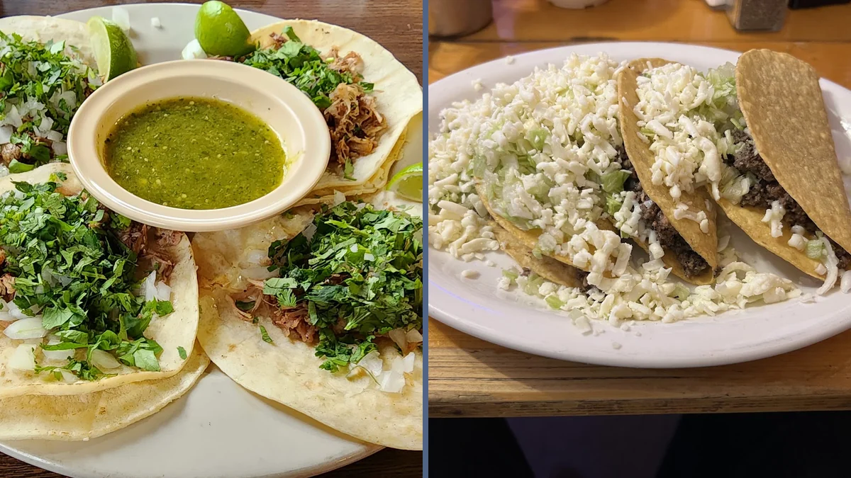 Tacos and queso served on bright dishes